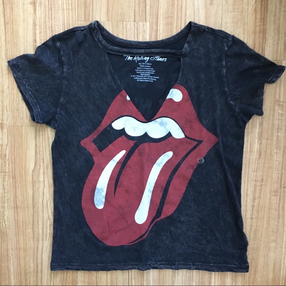 the Rolling Stones Black Short Sleeve Tee with Red Tongue Graphic